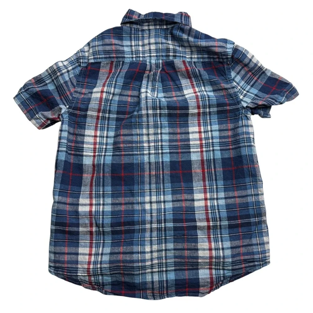 Ralph Lauren Kids Blue Plaid Linen Cotton Short Sleeve Button Down Shirt M 10-12